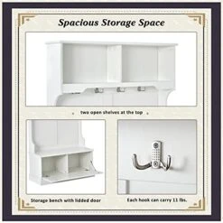LUMISOL Hall Tree With Storage Bench For Entryway Livingroom Hallway 3-in-1 Design With Shelves Cabinet And 4 Hooks (White-with Lidded Door) -Safavieh Furniture 513IauSz73S