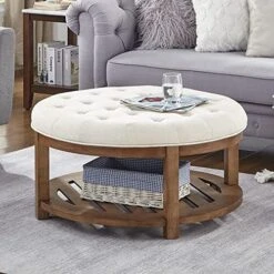 24KF Large Round Upholstered Tufted Linen Ottoman Coffee Table, Large Footrest Ottoman With Wood Shelf Storage- Navy Blue 26 24KF Large Round Upholstered Tufted Linen Ottoman Coffee Table, Large Footrest Ottoman With Wood Shelf Storage- Navy Blue -Safavieh Furniture 513JIFu 9pL. AC