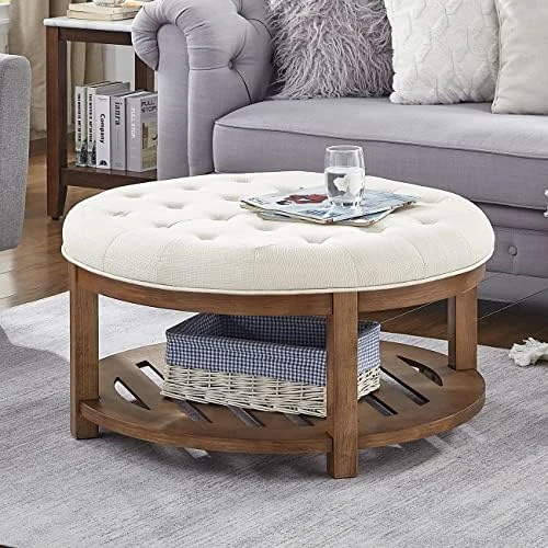 24KF Large Round Upholstered Tufted Linen Ottoman Coffee Table, Large Footrest Ottoman With Wood Shelf Storage- Navy Blue 12 24KF Large Round Upholstered Tufted Linen Ottoman Coffee Table, Large Footrest Ottoman With Wood Shelf Storage- Navy Blue - Image 12