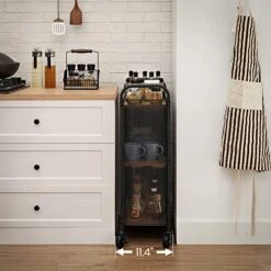 VASAGLE Serving Cart, Slim Kitchen Cart For Narrow Spaces, Rolling Storage Cart And Organizer Utility Cart With Wheels, Easy Assembly, For Kitchen, Bathroom, Rustic Brown And Black ULRC66BX -Safavieh Furniture 513MAfgqlfL