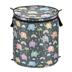 Xigua Elephant Round Laundry Basket With Lid, Waterproof Clothes Toy Storage Basket Nursery Hamper With Handles For Laundry Room, Bathroom, Bedroom, Dorm, Kids Room