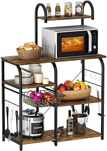 Mr IRONSTONE Bakers Rack Microwave Stand Kitchen Cart 35.5" Microwave Cart 3-Tier+4-Tier Kitchen Shelves For Spice Rack Organizer Coffee Station With 10 Hooks, Easy To Assemble (Vintage) 7 Mr IRONSTONE Bakers Rack Microwave Stand Kitchen Cart 35.5" Microwave Cart 3-Tier+4-Tier Kitchen Shelves For Spice Rack Organizer Coffee Station With 10 Hooks, Easy To Assemble (Vintage) - Image 7
