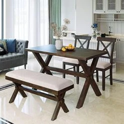 Merax Farmhouse Dining Table Set With Upholstered 2 X-Back Chairs And Bench For 4, Home Kitchen Wooden Furniture, Brown+Beige 21 Merax Farmhouse Dining Table Set With Upholstered 2 X-Back Chairs And Bench For 4, Home Kitchen Wooden Furniture, Brown+Beige -Safavieh Furniture 514 eaWdvOS. AC