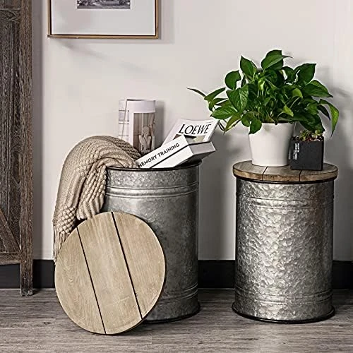 Oneinmil Rustic Storage Bins Farmhouse End Table Farmhouse Furniture Galvanized Metal Stool Ottoman Seat With Round Wood Lid Set Of 2 5 Oneinmil Rustic Storage Bins Farmhouse End Table Farmhouse Furniture Galvanized Metal Stool Ottoman Seat With Round Wood Lid Set Of 2 - Image 5