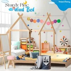 Dreams&Fantasy Montessori Bed For Toddlers, Kids House Bed Made From Solid Wood With Strong Tenon Structure, Baby Floor Bed For Kids, 2-Meters Of LED Star Lights Included, Mattress Not Included, Wood -Safavieh Furniture 5141kwvVHRL
