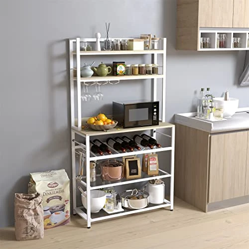 6 Tier Kitchen Bakers Rack With Wine Storage, Freestanding Kitchen Shelves With Hutch, Microwave Oven Stand, Coffee Bar Station With 4 Hooks, Wine Glass Holder, White Oak 35.5L X 13.8W X 64.7H 3 6 Tier Kitchen Bakers Rack With Wine Storage, Freestanding Kitchen Shelves With Hutch, Microwave Oven Stand, Coffee Bar Station With 4 Hooks, Wine Glass Holder, White Oak 35.5L X 13.8W X 64.7H - Image 3