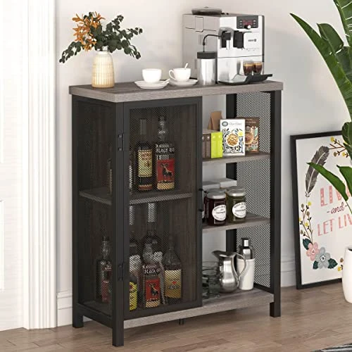 BON AUGURE Farmhouse Coffee Bar Cabinet With Storage, Industrial Liquor Cabinet With Adjustable Shelves, Rustic Small Buffet And Sideboard For Home (Dark Grey Oak) 1 BON AUGURE Farmhouse Coffee Bar Cabinet With Storage, Industrial Liquor Cabinet With Adjustable Shelves, Rustic Small Buffet And Sideboard For Home (Dark Grey Oak)