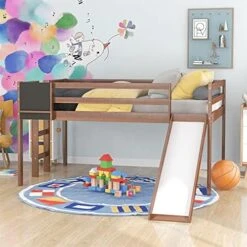 Harper & Bright Designs Kids Loft Bed With Slide, Twin Size Wooden Low Loft Bed Frame With Two Storage Boxes For Boys & Girls, Natrual -Safavieh Furniture 514K8 5oYdL. AC