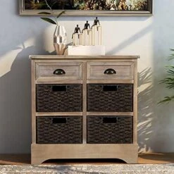Merax Brown Morden Farmhouse Wood Storage Cabinet With Four Classic Rattan Basket Buffet Sideboard Brownrd For Kitchen/Dining Entryway/Living Room Light Grey, One -Safavieh Furniture 514L7vXdGTL. AC