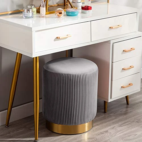 Duhome Modern Round Velvet Ottoman Footrest Vanity Stool Gray 2 Duhome Modern Round Velvet Ottoman Footrest Vanity Stool Gray - Image 2