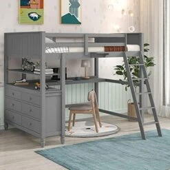 Harper & Bright Designs Full Loft Bed With Desk And 3 Drawers, Solid Wood Full Size Loft Bed Frame With 2 Tier Shelves And Angled Ladder For Kids Teens Boys Girls, No Box Spring Needed (White) -Safavieh Furniture 514OhQ0suL. AC
