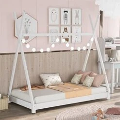 Harper & Bright Designs Kids House Bed With 2 Twin Platform Beds,Wooden Double Twin Beds With Triangular Roof And Built-in Table, 2 Beds In 1 For Girls Or Boys, No Box Spring Needed,Grey -Safavieh Furniture 514dOL8bd6L. AC