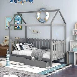 Full Size House Bed With Fence,Wood Toddler Floor Bed Frame With Roof For Kids, Teens, Girls, Boys,Easy Assembly,Grey -Safavieh Furniture 514fIZZK8sS. AC