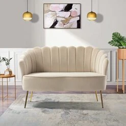 HULALA HOME Velvet Loveseat Sofa With Flower Shaped Back, Modern 2-Seater Sofa For Living Room Bedroom, Comfy Upholstered Small Love Seat Couch With Gold Legs, Tan