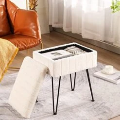 CUYOCA Vanity Stool Ottoman With Storage Bench, Faux Fur Stool For Vanity With Metal Legs, Makeup Chair Vanity Stool For Bedroom Living Room, White -Safavieh Furniture 514hPQrXhkL. AC