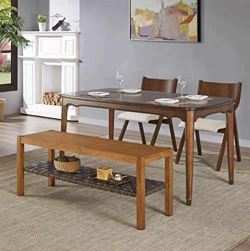 Ball & Cast Entryway Storage Bench Wood Frame Shoe Bench With Faux Leather Woven Shelf, 48 Inch Natural 2 Ball & Cast Entryway Storage Bench Wood Frame Shoe Bench With Faux Leather Woven Shelf, 48 Inch Natural - Image 2