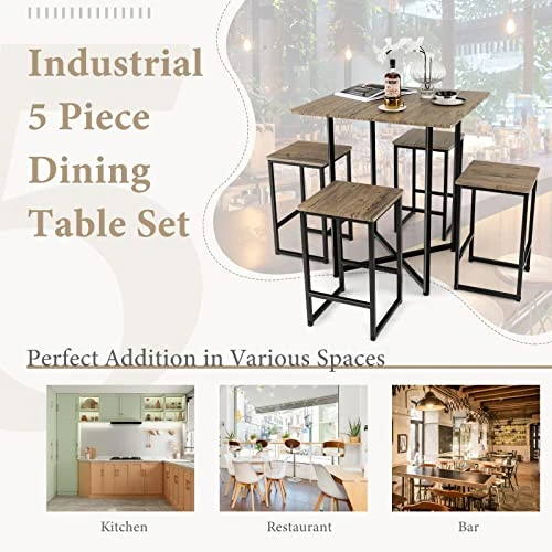 Giantex 5 Piece Dining Table Set, Industrial Kitchen Table Set W/ 4 Stools, Square Space-Saving Bar Table Set For Small Spaces, Apartment, Counter Height Table Sets W/Metal Frame (Natural & Black) 4 Giantex 5 Piece Dining Table Set, Industrial Kitchen Table Set W/ 4 Stools, Square Space-Saving Bar Table Set For Small Spaces, Apartment, Counter Height Table Sets W/Metal Frame (Natural & Black) - Image 4