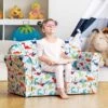 Costzon Kids Sofa, Double Seat Children's Sofa W/Dinosaur Pattern, Toddler Furniture Armrest Chair For Bedroom, Living Room, Large Kids Couch W/Sturdy Wood Construction & Comfortable Back, Multicolor