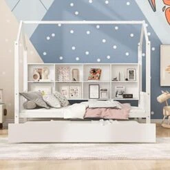 House Bed With Trundle, Twin House Bed For Kids, Wooden Platform Bed Frame With Headboard And Roof, For Girls Boys (Twin Size, White) 22 House Bed With Trundle, Twin House Bed For Kids, Wooden Platform Bed Frame With Headboard And Roof, For Girls Boys (Twin Size, White) -Safavieh Furniture 514rsZTi4vL. AC