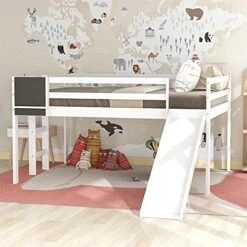 Harper & Bright Designs Kids Loft Bed With Slide, Twin Size Wooden Low Loft Bed Frame With Two Storage Boxes For Boys & Girls, Natrual -Safavieh Furniture 514uB6yBAeL. AC