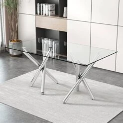 63 Inch Glass Dining Table With Clear Rectangular Glass Top, 4 Chrome Golden Legs Modern Rectangular Glass Kitchen Table Furniture For Home Office Kitchen Dining Room, 4-6 People -Safavieh Furniture 514uFj37ykL. AC