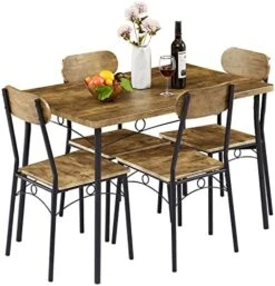 VECELO 5 Piece Kitchen Dining Set Metal And Wood Rectangular Table For Breakfast Nook, Dinette, Living Room, Table & Chair For 4, Brown -Safavieh Furniture 5153HJI116L. AC
