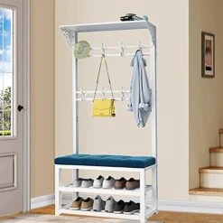 Hall Tree With Removable Hooks And 2-Tier Shoe Stand, Industrial Coat Rack Stand With Shoe Bench, Entryway Storage Shelf, For Living Room,Hallway, Bedroom L:80/100CM