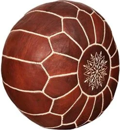 GRAN Handmade Leather Moroccan Pouf Footstool Ottoman | Brown Genuine Leather With Hand Embroidered White Stitching | Unstuffed