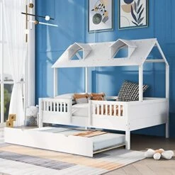 Full Size House Bed With Trundle, Wood Kids Full Bed With Roof And Guardrails, Playhouse Beds Frame Full For Kids, Teen, Toddler, No Box Spring Needed, Easy Assembly (Full, White)