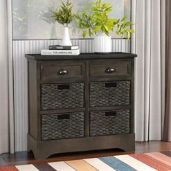 Merax Brown Morden Farmhouse Wood Storage Cabinet With Four Classic Rattan Basket Buffet Sideboard Brownrd For Kitchen/Dining Entryway/Living Room Light Grey, One -Safavieh Furniture 515cAACBOZL