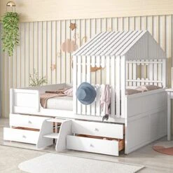 DEINPPA Twin Size House Bed With Drawer, House Platform Bed With Roof And Window, Cute Montessori Bed For Toddlers Kids Boys Girls -Safavieh Furniture 515on5wp9QL. AC