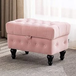 Artechworks Storage Coffee Table Ottoman, Button Tufted Velvet Upholstery Footstool Bed Ottoman For Living Room, Home Office, Space-Saving Storage Toy Box Stool, Pink