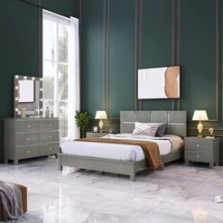 Bedroom Sets, 5 Pieces Bedroom Sets, Wood Bedroom Sets With Queen Platform Bed, Nightstand*2, Dresser & Mirror, Champagne Silver -Safavieh Furniture 515xc0W0O3L