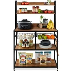 Best Choice Products 67in Baker's Rack, Multipurpose Counter-Height Kitchen Accessory For Food Prep, Cooking, Storage W/Locking Wheels, Adjustable Feet, 2 Wire Baskets, Shelf Backings - Brown/Black