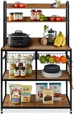 Best Choice Products 67in Baker's Rack, Multipurpose Counter-Height Kitchen Accessory For Food Prep, Cooking, Storage W/Locking Wheels, Adjustable Feet, 2 Wire Baskets, Shelf Backings - Brown/Black -Safavieh Furniture 515yTeTSgdL. AC