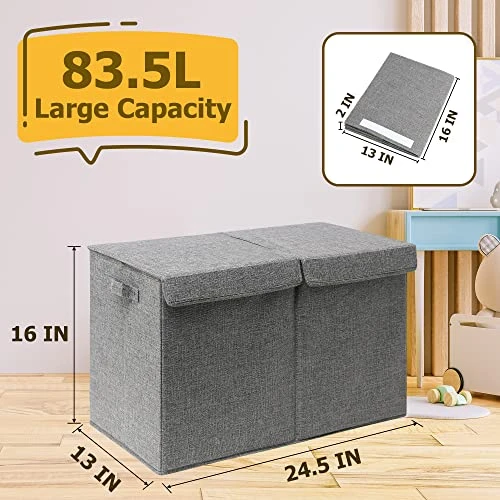 Hibobi Large Toy Box With Double Flip-Top Lid, Collapsible Sturdy Toy Chest Storage Bins With Handles, Toy Storage Organizer For Kids Boys Girls Nursery,Playroom,Bedroom, 24.5"x13"x16", Gray 2 Hibobi Large Toy Box With Double Flip-Top Lid, Collapsible Sturdy Toy Chest Storage Bins With Handles, Toy Storage Organizer For Kids Boys Girls Nursery,Playroom,Bedroom, 24.5"x13"x16", Gray - Image 2