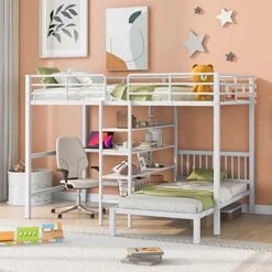 GAOWEI Bunk Bed With Desk,Full Over Twin Metal Bunk Bed With Built-in Desk, Shelves And Ladder,bunk Bed With Desk,Twin Over Full Bunk Bed,Twin Over Full Bunk Beds (White)