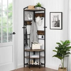 OIOG Corner Hall Tree, Industrial Corner Coat Rack With Hooks And Storage Shelf For Entryway, Hallway Corner Organizer With Shoes Rack (White Shelf) -Safavieh Furniture 516K0P4KNL. AC