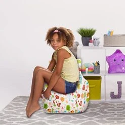 Posh Creations Structured Comfy Bean Bag Chair For Gaming, Reading, And Watching TV, Pasadena Chair, Canvas - Forest Critters On White -Safavieh Furniture 516NS7ffqvL