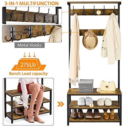 Topeakmart Coat Rack Coat Stand With 23 Hooks And 3 Storage Shelf, Hall Tree Coat Tree Coat Hat Rack 3 In 1 Deigin, Free Standing Hall Tree/Hat Tree For Home Office 4 Topeakmart Coat Rack Coat Stand With 23 Hooks And 3 Storage Shelf, Hall Tree Coat Tree Coat Hat Rack 3 In 1 Deigin, Free Standing Hall Tree/Hat Tree For Home Office - Image 4
