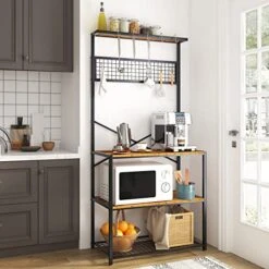 SogesHome Kitchen Baker's Rack, 3-Tier Utility Storage Shelf Microwave Oven Stand, Kitchen Organizer Rack With 5 Hooks For Utensils, Pots, Pans, Spices