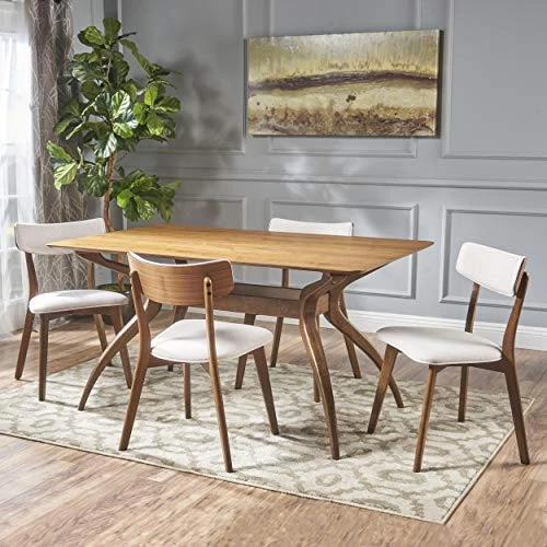 Christopher Knight Home Nissie Mid-Century Wood Dining Set With Fabric Chairs, 5-Pcs Set, Natural Walnut Finish / Light Beige 2 Christopher Knight Home Nissie Mid-Century Wood Dining Set With Fabric Chairs, 5-Pcs Set, Natural Walnut Finish / Light Beige - Image 2