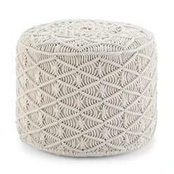 SIMPLIHOME Coates Round Macrame Pouf, Footstool, Upholstered In Natural Woven Cotton, For The Living Room, Bedroom And Kids Room, Boho, ,