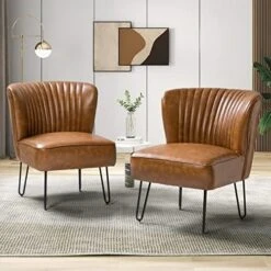 HULALA HOME Faux Leather Accent Chairs Set Of 2 With Metal Base, Mid Century Modern Living Room Chairs, Comfy Upholstered Armless Side Chairs For Bedroom, Camel 26 HULALA HOME Faux Leather Accent Chairs Set Of 2 With Metal Base, Mid Century Modern Living Room Chairs, Comfy Upholstered Armless Side Chairs For Bedroom, Camel -Safavieh Furniture 516rTaI08LL. AC