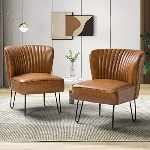 HULALA HOME Faux Leather Accent Chairs Set Of 2 With Metal Base, Mid Century Modern Living Room Chairs, Comfy Upholstered Armless Side Chairs For Bedroom, Camel 13 HULALA HOME Faux Leather Accent Chairs Set Of 2 With Metal Base, Mid Century Modern Living Room Chairs, Comfy Upholstered Armless Side Chairs For Bedroom, Camel - Image 13