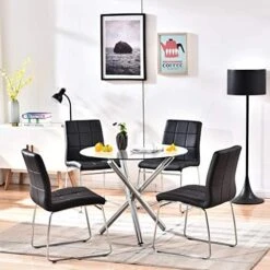 Round Glass Dining Table With Clear Tempered Glass Top, 4 Chrome Legs Round Table For 2 Or 4 Person, Modern Kitchen Table Furniture For Home Office Kitchen Dining Room(W 35.4 X L 35.4 X H 29.5 Inch) -Safavieh Furniture 516scwO hBL. AC