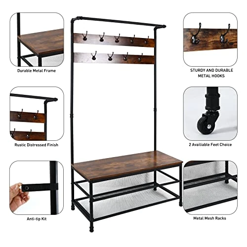ECOMEX Entryway Coat Rack With Shoe Storage,Hall Tree With Bench And Shoe Storage,3-Tier Storage Shelf And 9 Hooks,37.8 * 14.4 * 73.5 Inches,3-in-1 Hall Tree Shoe Rack For Entryway (Rustic Brown) 2 ECOMEX Entryway Coat Rack With Shoe Storage,Hall Tree With Bench And Shoe Storage,3-Tier Storage Shelf And 9 Hooks,37.8 * 14.4 * 73.5 Inches,3-in-1 Hall Tree Shoe Rack For Entryway (Rustic Brown) - Image 2