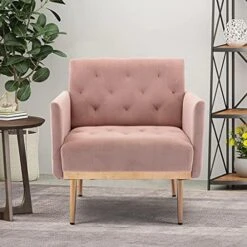 SLEERWAY Modern Velvet Single Sofa Chair, Upholstered Accent Living Room Chair, Comfy Armchair With Rose Golden Metal Legs, Tufted Chair For Reading Or Lounging (Pink) -Safavieh Furniture 516yOddtZyS. AC