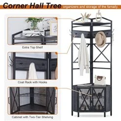 HOMBAZAAR Coat Rack 4 In 1 Hall Tree,Vintage Corner Coat Rack With Storage Cabinet And Coat Rack Storage Shelf With 8 Hooks，Freestanding Clothes Rack Organizer For Entryway,Bedroom,Living Room,Grey. -Safavieh Furniture 516zyCWdT4L