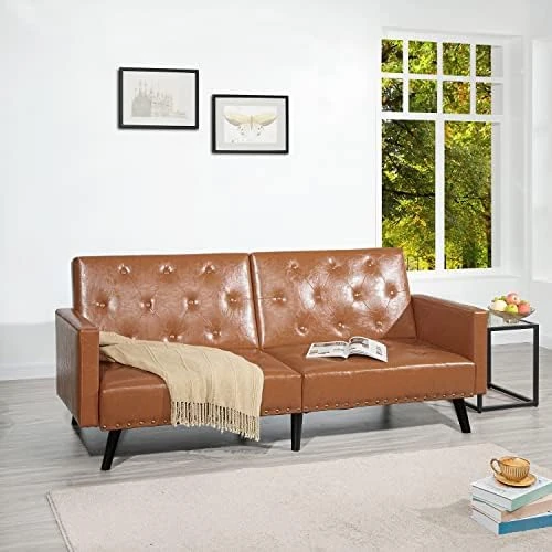 Naomi Home Jolene Tufted Split Back Futon, Mid Century Convertible Sofa Bed For Small Rooms, Faux Leather Couch, Perfect For Your Modern Living Room- Caramel, Faux Leather 7 Naomi Home Jolene Tufted Split Back Futon, Mid Century Convertible Sofa Bed For Small Rooms, Faux Leather Couch, Perfect For Your Modern Living Room- Caramel, Faux Leather - Image 7